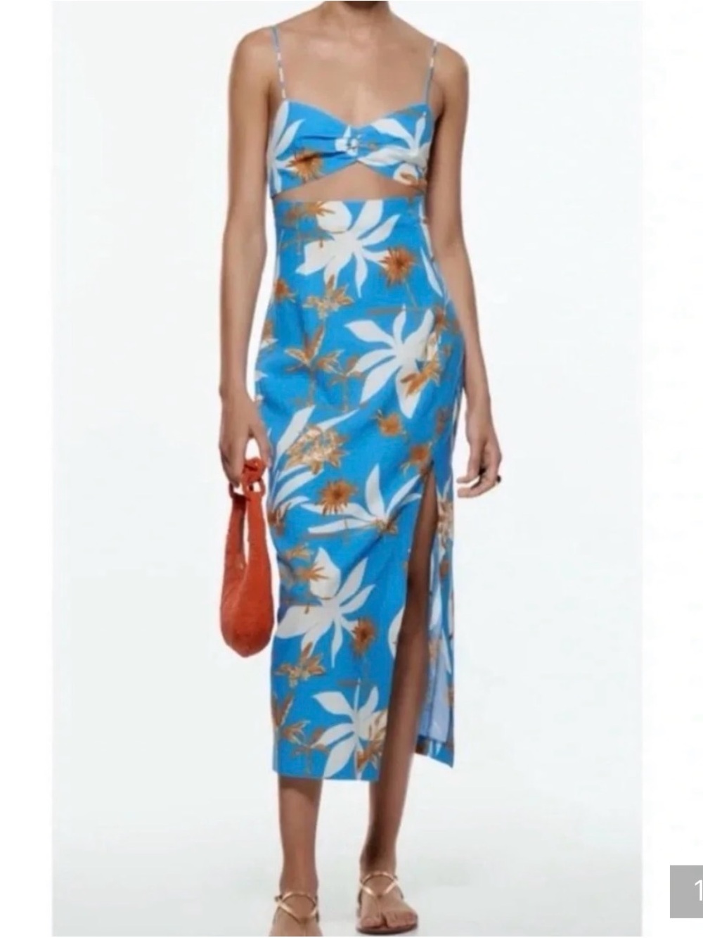 Zara Blue Floral Midi Dress with Side Slit